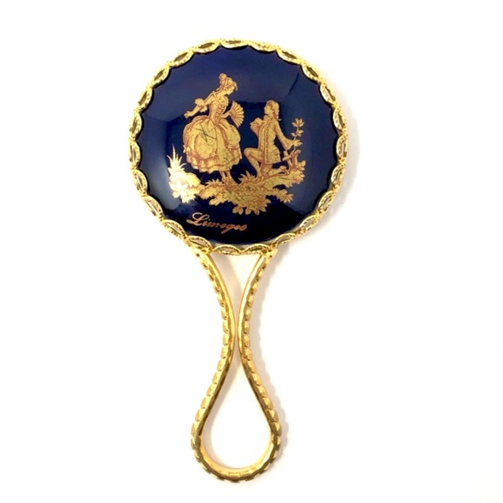Vintage Limoges porcelain small mirror with gold plate metal frame